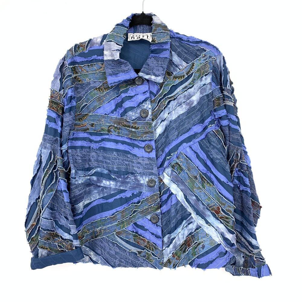 Keren Hart Art to Wear Patchwork Jacket Women's Sz XL Blue Multi Bohemian